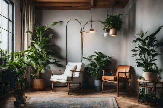Interior room design with armchair and potted plants