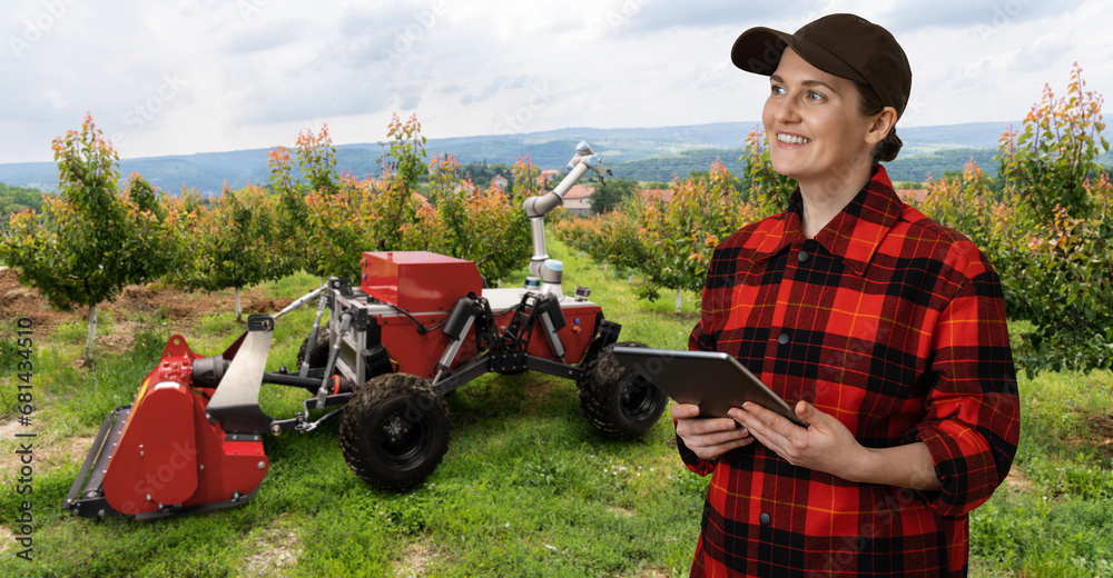 Aufkleber farmer controls autonomous robot harvester with robotic arm harvesting apples on a smart farm. conce
