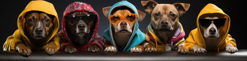 group of dogs dressed in fashionable clothes and modern outfits