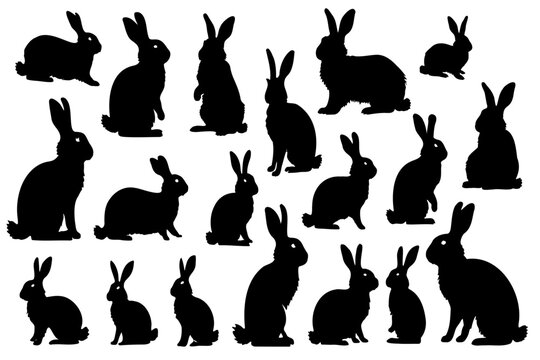 Rabbits silhouette set. Bunny symbols. Hare Farm animal icon collection vector illustration
