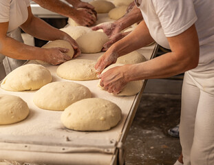 Bakers forming bread loaves