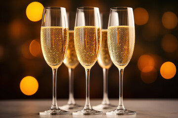 Glasses of champagne on against blurred background with festive bokeh. Christmas party celebration