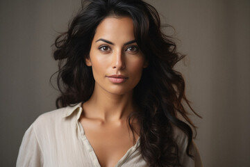 Naklejka premium Portrait of a beautiful brunette woman in white blouse.