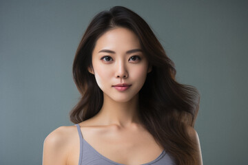 Portrait of a beautiful young asian woman on gray background.
