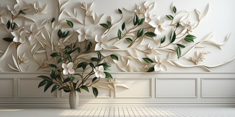 White Geometric Floral Leaf 3D Tile Texture Wall Background Illustration Banner Panorama