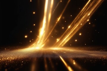 Obraz premium golden particles and light rays with bokeh effect on black background