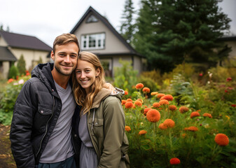 A man and a woman standing in front of a new home and flower garden.