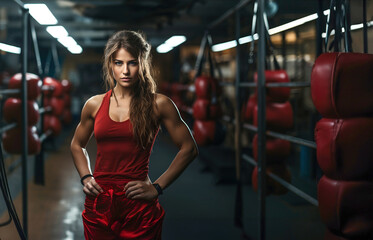 A woman is training in a boxing ring. - obrazy, fototapety, plakaty