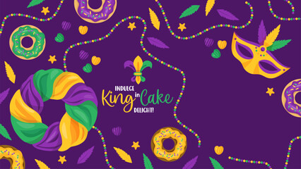 Festive King Cake. Mardi Gras carnival banner. Traditional pastries and donuts with colorful icing, beads, necklaces, mask and feathers. Vector horizontal illustrations in cartoon style. Copy space. - obrazy, fototapety, plakaty