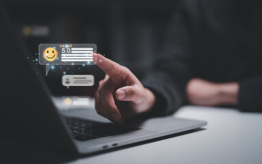 Customer Satisfaction Survey concept, 5-star satisfaction, service experience rating online application, customer evaluation product service quality, satisfaction feedback review, good quality most.