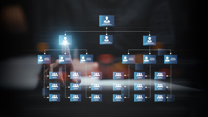 Organization chart with hierarchy structure of teams and employees in company. Business process and workflow automation with flowchart. Business and technology concept.	