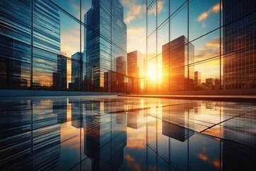Foto op Canvas Modern office building or business center Tall buildings' windows made of glass reflect clouds and sunlight. Empty streets outside the walls of modern civilization business growth by Generative AI © chartchai