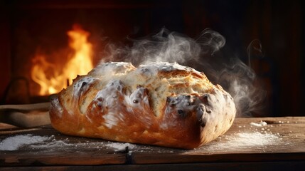 steaming loaf of homemade bread on a rustic wooden table AI generated illustration