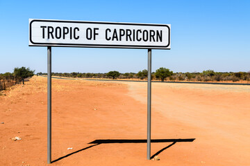 Road sign at the tropic of capricorn  on the road from Windhoek to Rehoboth, Namibia.
