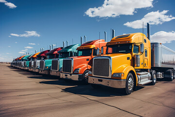 A row of trucks parked next to each other.