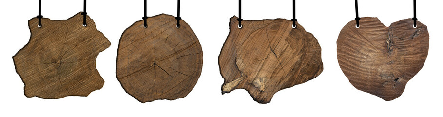 Different shapes of natural timber wooden tree making  hanging signs with no background png