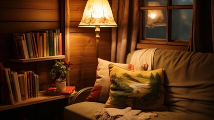 vintage-style reading nook with lots of pillows lighted by a small table lamp AI generated illustration