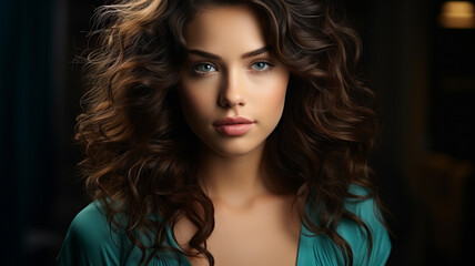 Fototapeta premium beautiful brunette girl with curly hair in a blue silk dress.
