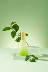 A label-free cosmetic bottle takes center stage on a glass platform, surrounded by vibrant green...