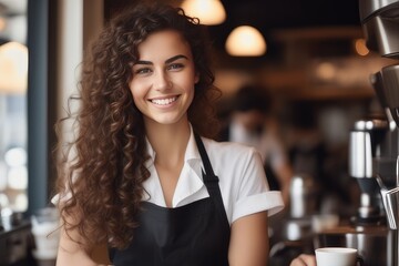 portrait of a woman barista in a cafe