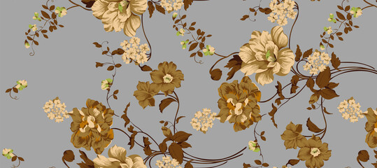 Fantasy floral seamless pattern in jacobean embroidery imitation, vintage, old, retro style. Vector illustration in soft orange and green colors.
