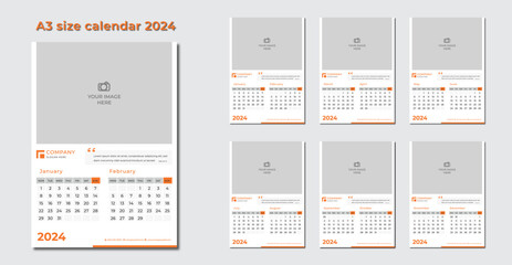 Fototapeta na wymiar 2024 A3 Calendar Planner Templates including spaces for a company logo and photo. Simple full page calendar in vector format with Monday as the start of the week. Special Quote written place added.