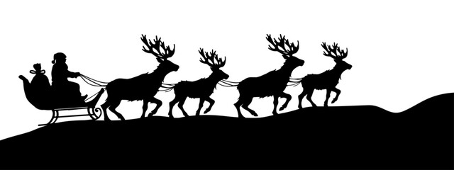 Santa Claus silhouette in sleigh with reindeers full of gifts on snowy landscape, snowscape in winter - Merry christmas and Happy new year decoration. Vector isolated on white background © Corri Seizinger