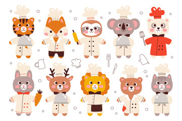 Cute animals master chef cook characters wearing uniform with kitchen utensils vector illustration