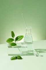 Green tea leaves and glassware are displayed on the table. Research and development of cosmetics...