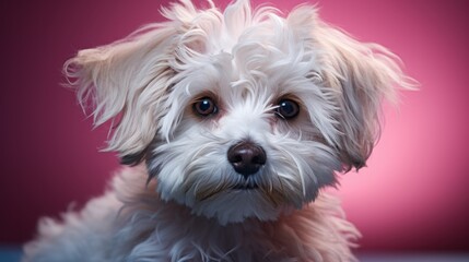 A curly Maltese-Poodle mix dog in a studio shot