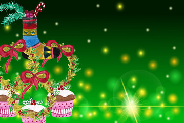 Happy New Year and Merry Christmas! Can be used as a postcard, internet banner or flyer.  Illustration has space for text , copy space