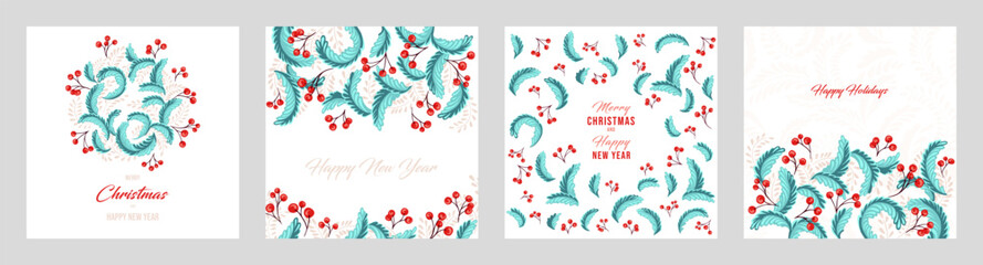 Christmas elegant templates with copy space. Set greeting cards Merry Christmas, Happy New Year with vector hand drawn decorative floral Christmas wreath, ornate floral frame.