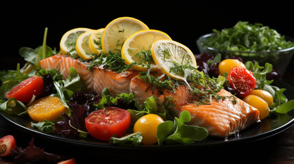 grilled salmon with vegetables HD 8K wallpaper Stock Photographic Image 