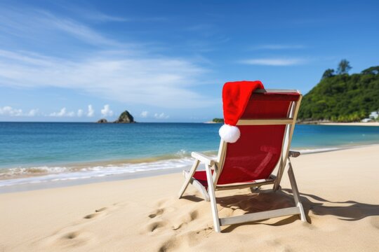 Sun lounger with santa hat on beautiful beach. AI Generated