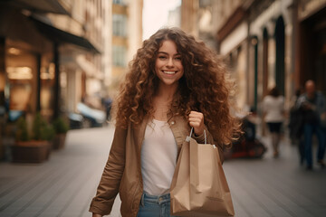 Young curly woman with paper bag in her hands. Shopping and sale concept. Generate Ai.