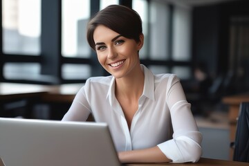 portrait of a smiling businesswoman sitting at a desk