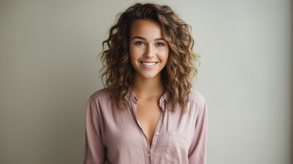 Portrait of smiling young woman with curly hair standing against grey background.