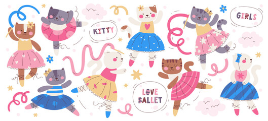Cute kitty cats beautiful ballerina, gymnast, dancer character in tutu dress vector illustration - obrazy, fototapety, plakaty