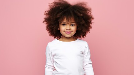 portrait of cute little african american girl with curly hair in white t shirt, isolated on clean background	
