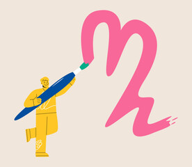 Man holding a large paintbrush drawing colorful. Colorful vector illustration