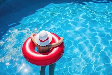 happy woman in santa hat with inflatable ring relaxing in blue swimming pool. AI Generated