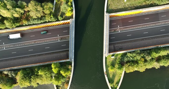 Aquaduct Veluwemeer, Netherlands. Video background. Transportation and roads. Aerial view. Industrial landscape from a drone. View from above.