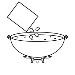throw or add fried food into the wok with hot oil icon isolated on white black outline hand drawn. use for food, step, preparation, method to fried food