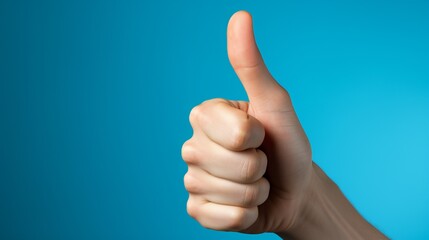 A hand giving a thumbs-up sign isolated on a blue