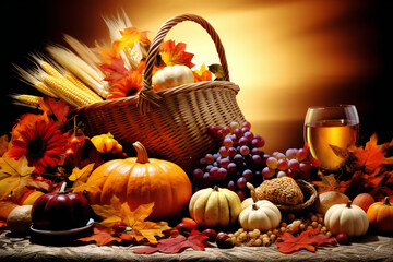 Pumpkins in the basket, happy Thanksgiving Day
Autumn nature concept with colorful pumpkins in basket
