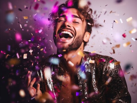 Young pretty man dressed in sequined jacket having fun on New Year party, happy guy dancing and laughing with sparkles and confetti, purple and cold colors