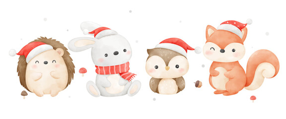 Woodland animal christmas uuny Owl Hedgehog Print for invitation card