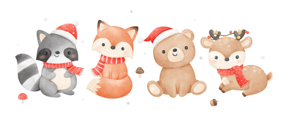 Cute woodland animal christmas  Fox Bear Deer Print for invitation card Poster Template Banner Watercolor style