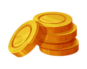 Gold coins pile, treasure, money game asset adventure or pirates in cartoon style, shiny money heap isolated on white background.