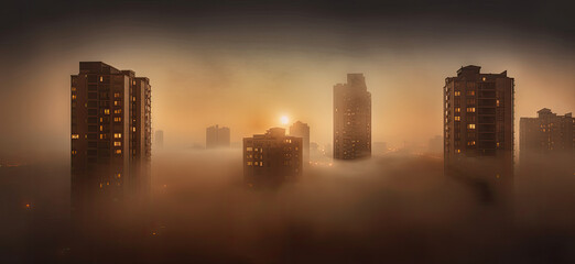 A city surrounded by three residential buildings with a fogfilled sky AI Generated